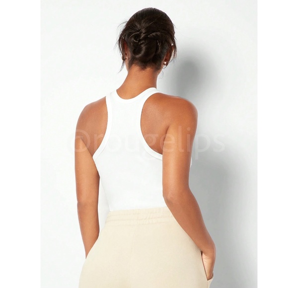 White Rib Knit Racer Back Front Casual Basic Tank Top Shirt - Picture 2 of 9